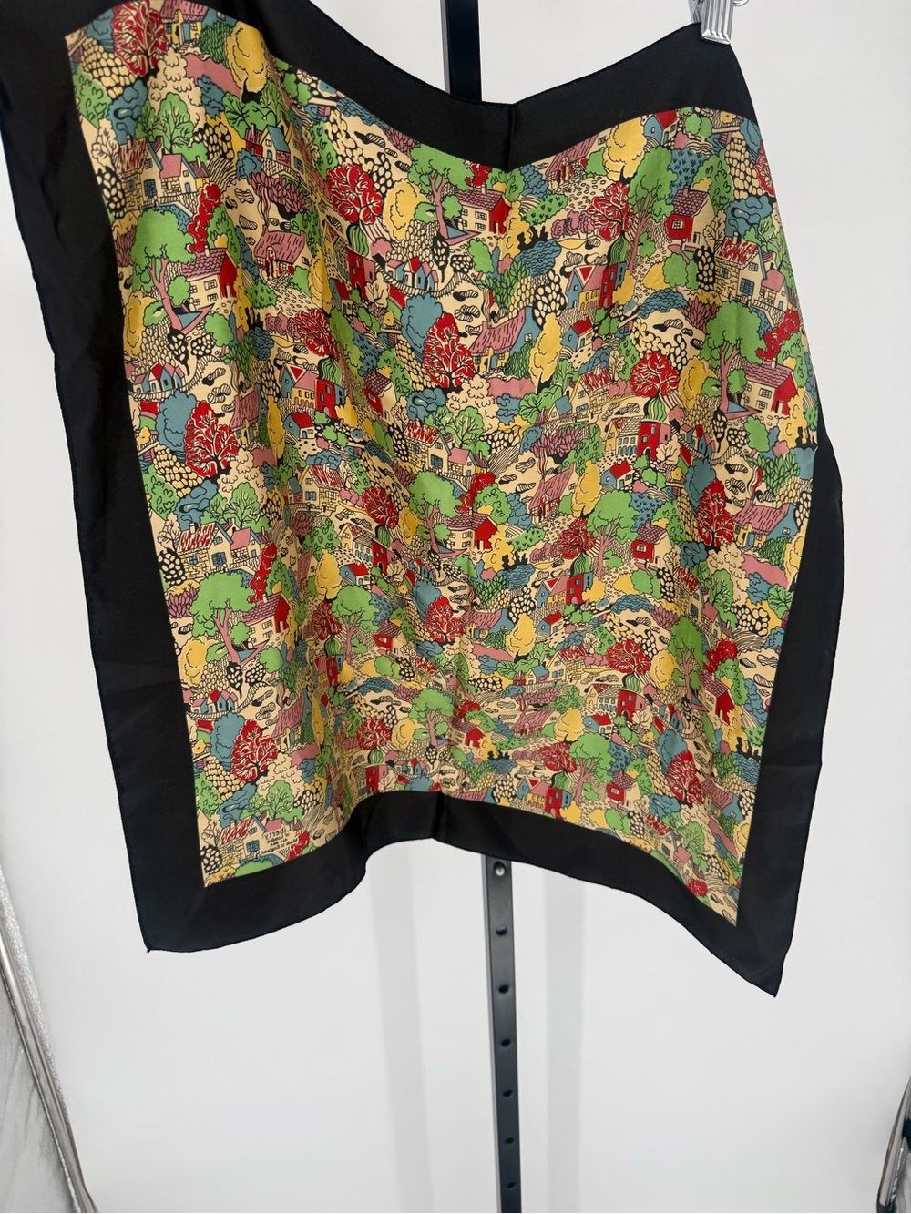 Liberty of London Silk Scarf w/ Colorful Village Scene & Black Border - Picture 3 of 10
